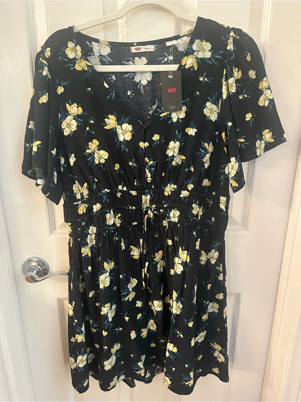 Levi's Black Floral V-Neck Smocked Waist Romper with Yellow Blooms